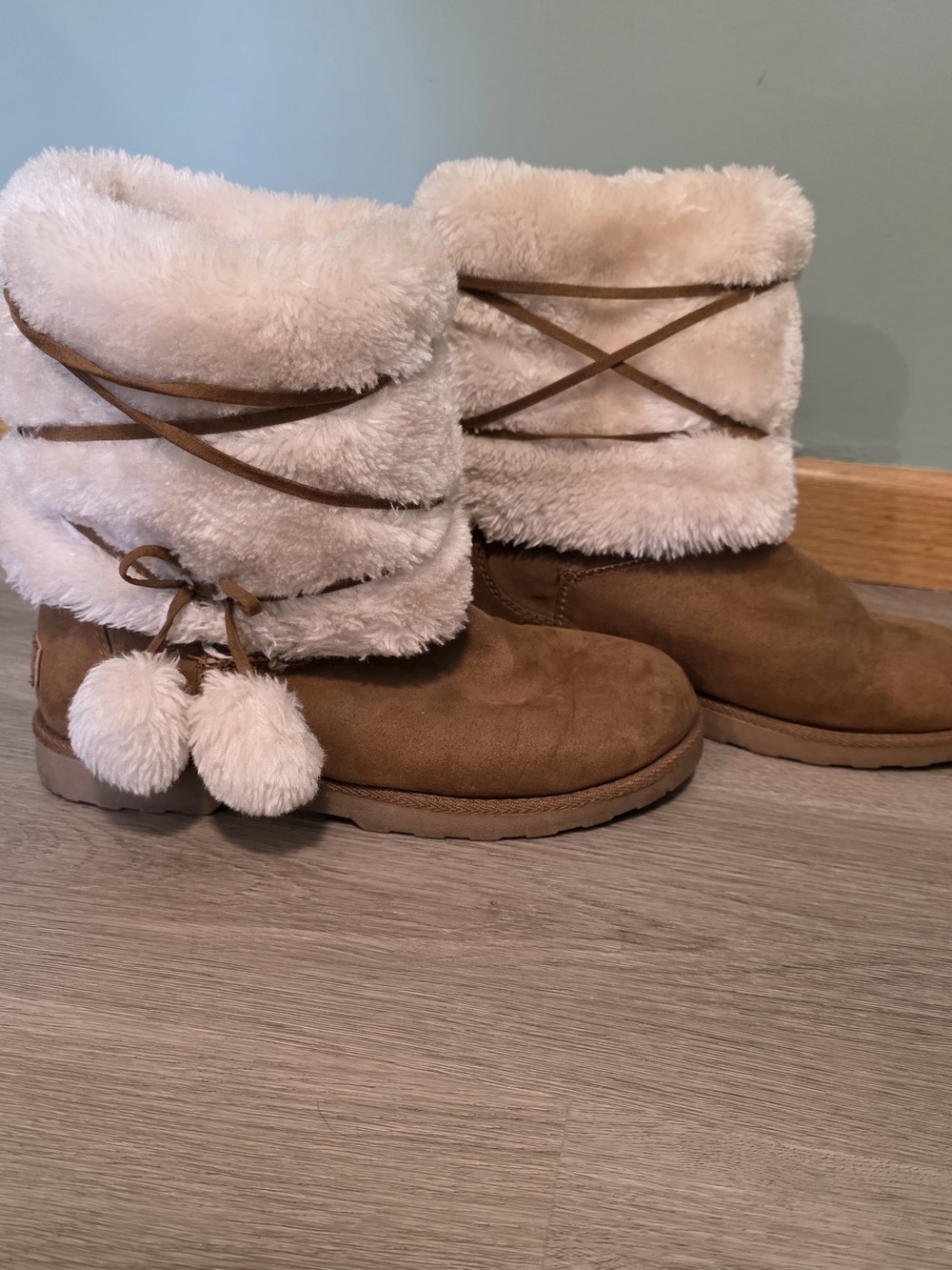 Women’s Tan Suede Winter Boots with Cream Faux Fur Cuff and Pom-Tie